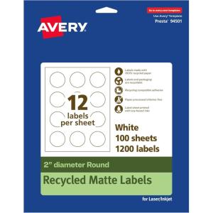 imageAvery Matte White Round Labels Sure Feed Technology 2quot Diameter 300 Matte White Printable LabelsRecycled