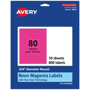 imageAvery Printable Round Labels Sure Feed Technology 34quot Diameter Neon Magenta Labels PrinttoTheEdge LaserInkjet 3200 Total Great for Price Stickers and Mailing Seals800 labels