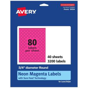 imageAvery Printable Round Labels Sure Feed Technology 34quot Diameter Neon Magenta Labels PrinttoTheEdge LaserInkjet 3200 Total Great for Price Stickers and Mailing Seals3 200 labels