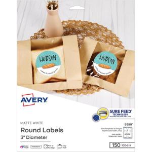 imageAvery Printable Round Labels Sure Feed Technology 3quot Diameter Matte White Permanent Adhesive LaserInkjet Printable 150 Blank Labels Great for Product Merchandising Favors and More 5655