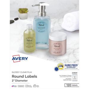 imageAvery Printable Round Labels with Sure Feed 2quot Diameter Glossy Clear 120 Customizable Labels 228252
