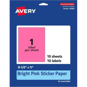 imageAvery Printable Sticker Paper 85quot x 11quot Matte White Repositionable Adhesive LaserInkjet Compatible 5 FullSize Label Sheets Great for Product Branding Cute Stickers Crafts and More 53202Bright Pink