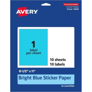 imageAvery Printable Sticker Paper 85quot x 11quot Matte White Repositionable Adhesive LaserInkjet Compatible 5 FullSize Label Sheets Great for Product Branding Cute Stickers Crafts and More 53202Bright Blue