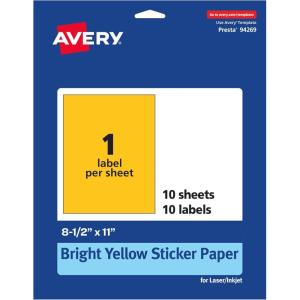imageAvery Printable Sticker Paper 85quot x 11quot Matte White Repositionable Adhesive LaserInkjet Compatible 5 FullSize Label Sheets Great for Product Branding Cute Stickers Crafts and More 53202Bright Yellow