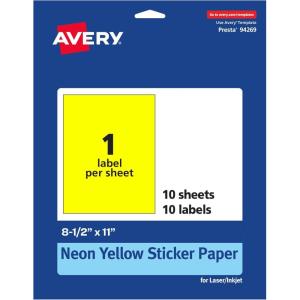 imageAvery Printable Sticker Paper 85quot x 11quot Matte White Repositionable Adhesive LaserInkjet Compatible 5 FullSize Label Sheets Great for Product Branding Cute Stickers Crafts and More 53202Neon Yellow