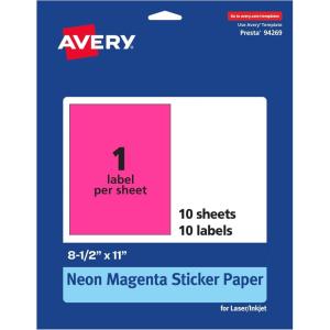 imageAvery Printable Sticker Paper 85quot x 11quot Matte White Repositionable Adhesive LaserInkjet Compatible 5 FullSize Label Sheets Great for Product Branding Cute Stickers Crafts and More 53202Neon Magenta