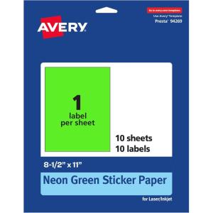 imageAvery Printable Sticker Paper 85quot x 11quot Matte White Repositionable Adhesive LaserInkjet Compatible 5 FullSize Label Sheets Great for Product Branding Cute Stickers Crafts and More 53202Neon Green