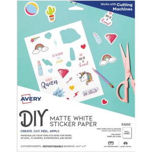 imageAvery Printable Sticker Paper 85quot x 11quot Matte White Repositionable Adhesive LaserInkjet Compatible 5 FullSize Label Sheets Great for Product Branding Cute Stickers Crafts and More 53202Matte White