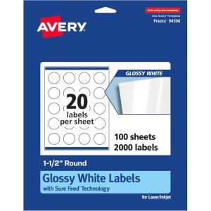 imageAvery Round Labels Sure Feed Technology 15quot Diameter 200 Glossy White Labels 364912 000 labels