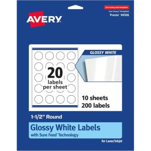 imageAvery Round Labels Sure Feed Technology 15quot Diameter 200 Glossy White Labels 36491200 labels