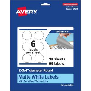 imageAvery TrueBlock Matte White Round Labels Sure Feed Technology 275quot Diameter 60 Matte White Labels PrinttoTheEdge LaserInkjet Printable Great for Packaging and Product Merchandising60 labels