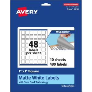 imageAvery TrueBlock Matte White Square Labels Sure Feed Technology 1quot x 1quot 480 Matte White Labels PrinttoTheEdge LaserInkjet Printable Great for Product Merchandising Stickers480 labels