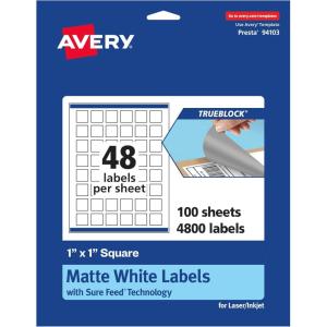 imageAvery TrueBlock Matte White Square Labels Sure Feed Technology 1quot x 1quot 480 Matte White Labels PrinttoTheEdge LaserInkjet Printable Great for Product Merchandising Stickers4 800 labels
