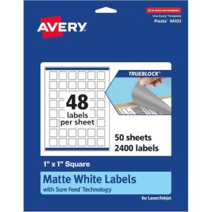 imageAvery TrueBlock Matte White Square Labels Sure Feed Technology 1quot x 1quot 480 Matte White Labels PrinttoTheEdge LaserInkjet Printable Great for Product Merchandising Stickers2 400 labels