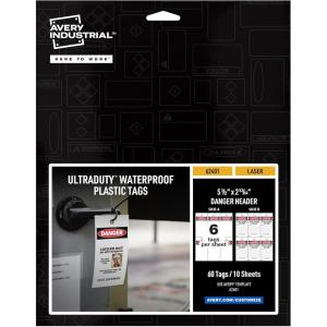 imageAvery UltraDuty Printable Plastic Hang Tags 55quot x 283quot White with Preprinted Danger Header 50lb PullStrength 60ct 62401