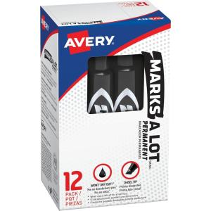 imageMarksALot Avery Regular DeskStyle Size Chisel Tip 12 Black Permanent Markers are perfect for signs and posters 07888