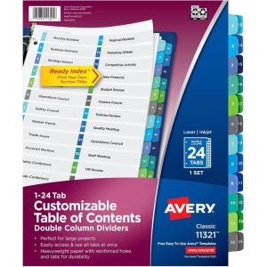 imageAvery Double Column 24 Tab Dividers for 3 Ring Binders Customizable Table of Contents Multicolor Tabs 1 Set 11321Dividers