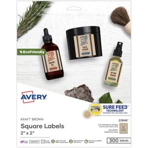 imageAvery Durable Waterproof Labels Sure Feed Technology 2quot x 2quot Square Labels OilResistant PrinttoTheEdge LaserPigmentInkjet 96 Total 64510Kraft Brown