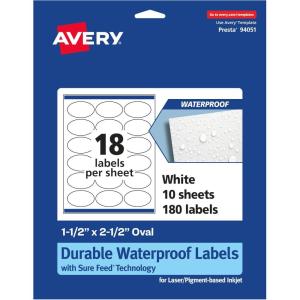 imageAvery Durable Waterproof Oval Labels with Sure Feed 15quot x 25quot 180 TearResistant Labels for Laser and PigmentBased Inkjet Printers180 labels