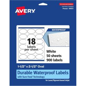 imageAvery Durable Waterproof Oval Labels with Sure Feed 15quot x 25quot 180 TearResistant Labels for Laser and PigmentBased Inkjet Printers900 labels