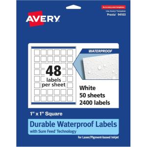 imageAvery Durable Waterproof Square Labels Sure Feed Technology 1quot x 1quot 480 Total Oil and TearResistant Waterproof Labels PrinttoTheEdge LaserPigmentBased Inkjet Printable2 400 labels
