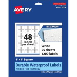 imageAvery Durable Waterproof Square Labels Sure Feed Technology 1quot x 1quot 480 Total Oil and TearResistant Waterproof Labels PrinttoTheEdge LaserPigmentBased Inkjet Printable1 200 labels