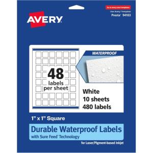 imageAvery Durable Waterproof Square Labels Sure Feed Technology 1quot x 1quot 480 Total Oil and TearResistant Waterproof Labels PrinttoTheEdge LaserPigmentBased Inkjet Printable480 labels