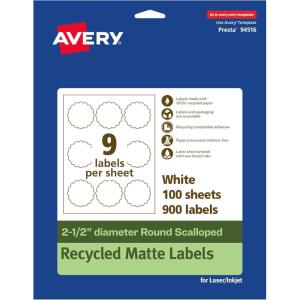 imageAvery EcoFriendly Matte White Recycled Round Scalloped Labels 25quot Diameter PrinttoTheEdge Matte White Labels Permanent Adhesive LaserInkjet Printable 90 Total900 labels