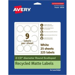 imageAvery EcoFriendly Matte White Recycled Round Scalloped Labels 25quot Diameter PrinttoTheEdge Matte White Labels Permanent Adhesive LaserInkjet Printable 90 Total225 labels