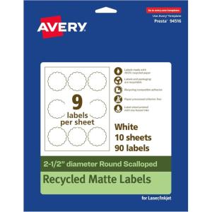 imageAvery EcoFriendly Matte White Recycled Round Scalloped Labels 25quot Diameter PrinttoTheEdge Matte White Labels Permanent Adhesive LaserInkjet Printable 90 Total90 labels