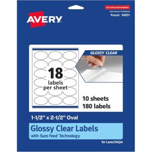 imageAvery Glossy Clear Oval Labels Sure Feed Technology 15quot x 25quot 180 Glossy Clear Labels LaserInkjet Printable180 labels