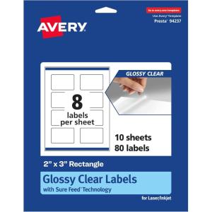 imageAvery Glossy Clear Rectangle Labels Sure Feed Technology 2quot x 3quot 80 Glossy Clear Labels PrinttoTheEdge LaserInkjet Printable80 labels
