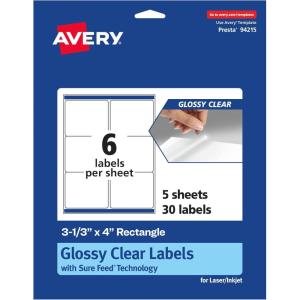 imageAvery Glossy Clear Rectangle Labels Sure Feed Technology 313quot x 4quot 30 Glossy Clear Labels LaserInkjet Printable30 labels