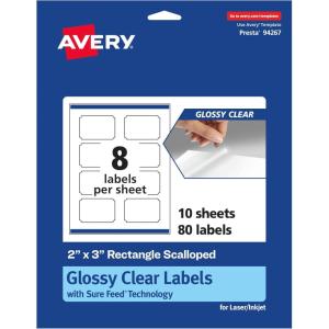 imageAvery Glossy Clear Rectangle Scalloped Labels Sure Feed Technology 2quot x 3quot 80 Glossy Clear Labels PrinttoTheEdge LaserInkjet Printable80 labels