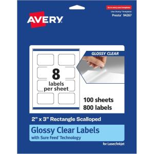 imageAvery Glossy Clear Rectangle Scalloped Labels Sure Feed Technology 2quot x 3quot 80 Glossy Clear Labels PrinttoTheEdge LaserInkjet Printable800 labels