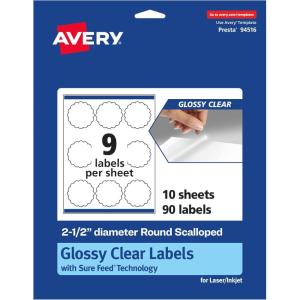 imageAvery Glossy Clear Round Scalloped Labels Sure Feed Technology 25quot Diameter 225 Glossy Clear Labels PrinttoTheEdge LaserInkjet Printable90 labels