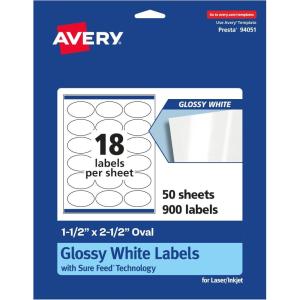imageAvery Glossy White Oval Labels Sure Feed Technology 15quot x 25quot 180 Glossy White Labels Permanent Adhesive LaserInkjet Printable900 labels