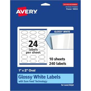 imageAvery Glossy White Oval Labels Sure Feed Technology 1quot x 2quot 240 Glossy White Labels PrinttoTheEdge Permanent Adhesive LaserInkjet Printable240 labels