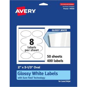 imageAvery Glossy White Oval Labels Sure Feed Technology 2quot x 313quot 80 Glossy White Labels PrinttoTheEdge Permanent Adhesive LaserInkjet Printable400 labels