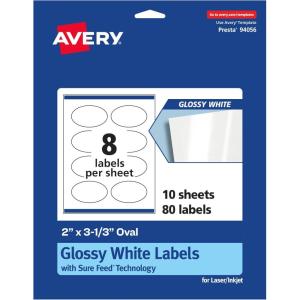 imageAvery Glossy White Oval Labels Sure Feed Technology 2quot x 313quot 80 Glossy White Labels PrinttoTheEdge Permanent Adhesive LaserInkjet Printable80 labels