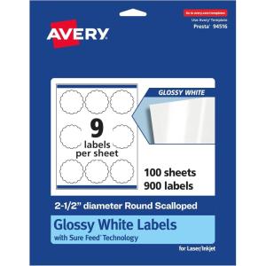 imageAvery Glossy White Round Scalloped Labels Sure Feed Technology 25quot Diameter 90 Glossy White Labels PrinttoTheEdge Permanent Adhesive LaserInkjet Printable900 labels