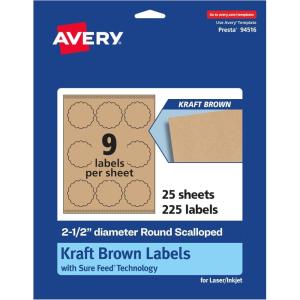 imageAvery Kraft Brown Round Scalloped Labels Sure Feed Technology 25quot Diameter 135 Kraft Brown Labels PrinttoTheEdge LaserInkjet Printable225 labels