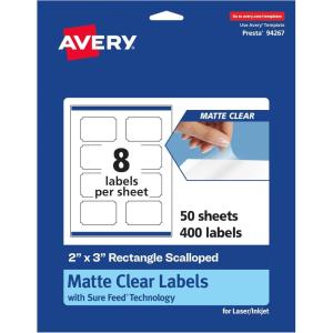 imageAvery Matte Clear Rectangle Scalloped Labels Sure Feed Technology 2quot x 3quot 200 Matte Clear Labels PrinttoTheEdge LaserInkjet Printable400 labels