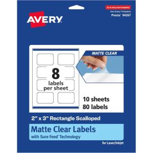 imageAvery Matte Clear Rectangle Scalloped Labels Sure Feed Technology 2quot x 3quot 200 Matte Clear Labels PrinttoTheEdge LaserInkjet Printable80 labels