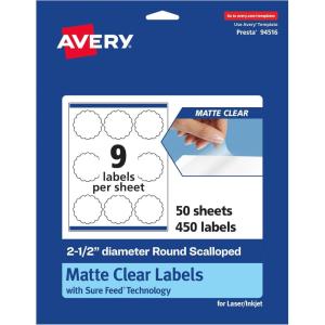 imageAvery Matte Clear Round Scalloped Labels Sure Feed Technology 25quot Diameter 90 Matte Clear Labels PrinttoTheEdge LaserInkjet Printable450 labels