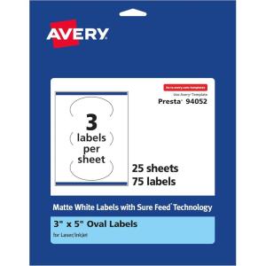 imageAvery Matte White Oval Labels Sure Feed Technology 3quot x 5quot 75 Matte White Printable Labels75 Labels