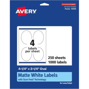 imageAvery Matte White Oval Labels Sure Feed Technology 425quot x 325quot 100 Matte White Printable Labels1 000 Labels
