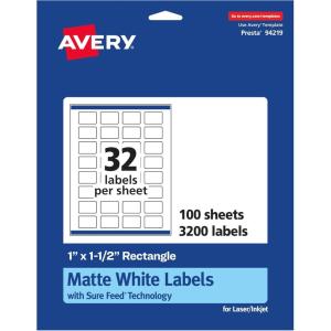 imageAvery Matte White Rectangle Labels Sure Feed Technology 1quot x 15quot 800 Matte White Printable Labels3 200 Labels