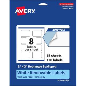 imageAvery Matte White Removable Rectangle Scalloped Labels Sure Feed Technology PrinttoTheEdge 2quot x 3quot 120 Removable Labels LaserInkjet Printable120 labels