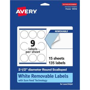 imageAvery Matte White Removable Round Scalloped Labels Sure Feed Technology PrinttoTheEdge 25quot Diameter 135 Removable Labels LaserInkjet Printable135 labels